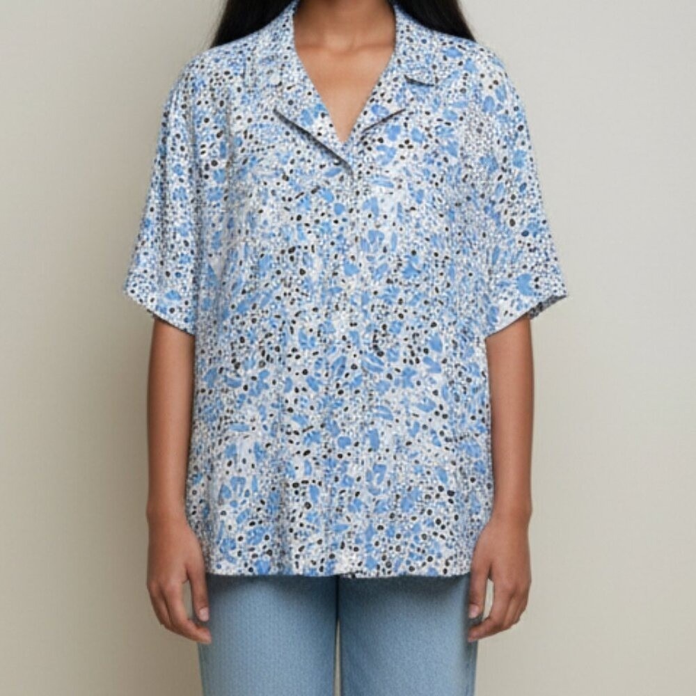 Wilfred Free Aritzia Callisto Linen Rayon Blue Abstract Dot Camp Shirt Large